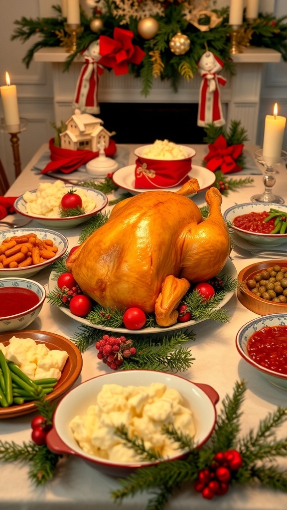 A festive Christmas dinner table with roast turkey, side dishes, and holiday decorations.